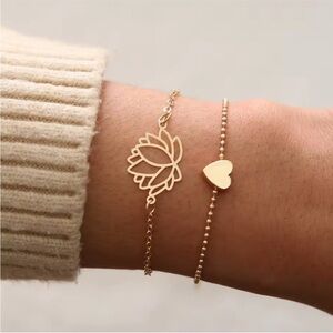 Elegant Gold Lotus and Heart Bracelet Set